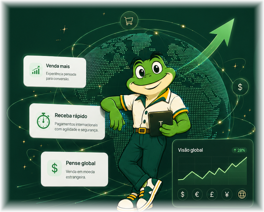 Tuco diante de um globo com indicadores de vendas, recebimento rápido e moedas internacionais